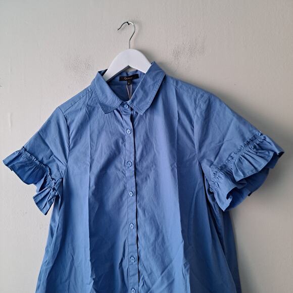NWT Quince Organic Cotton Poplin Short Sleeve Ruffle Shirt Dress Blue Womens S - Picture 6 of 13